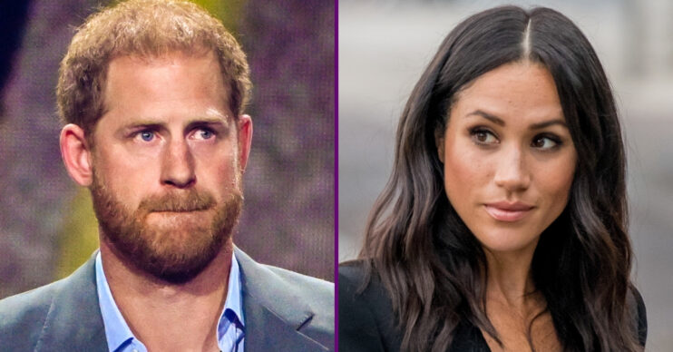 RI composite of Prince Harry biting his lip and Meghan Markle looking to the side