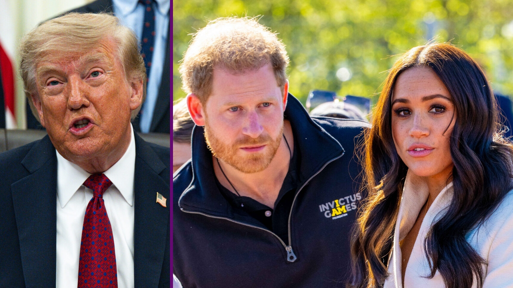 RI composite of Donald Trump speaking and Prince Harry and Meghan Markle looking worried at Invictus Games