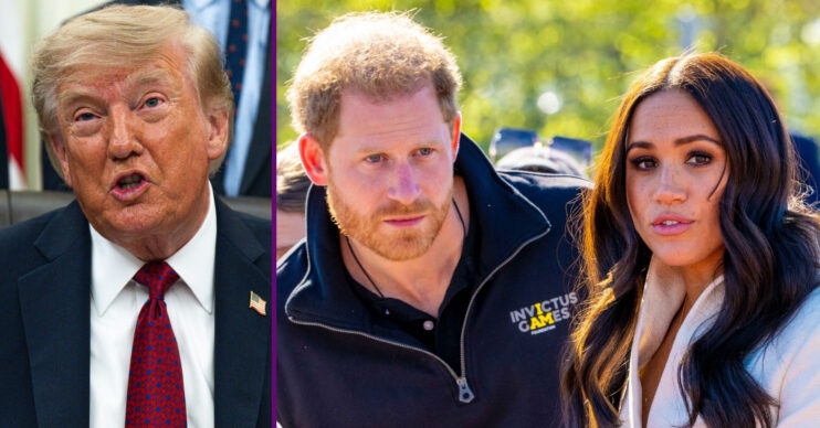 RI composite of Donald Trump speaking and Prince Harry and Meghan Markle looking worried at Invictus Games