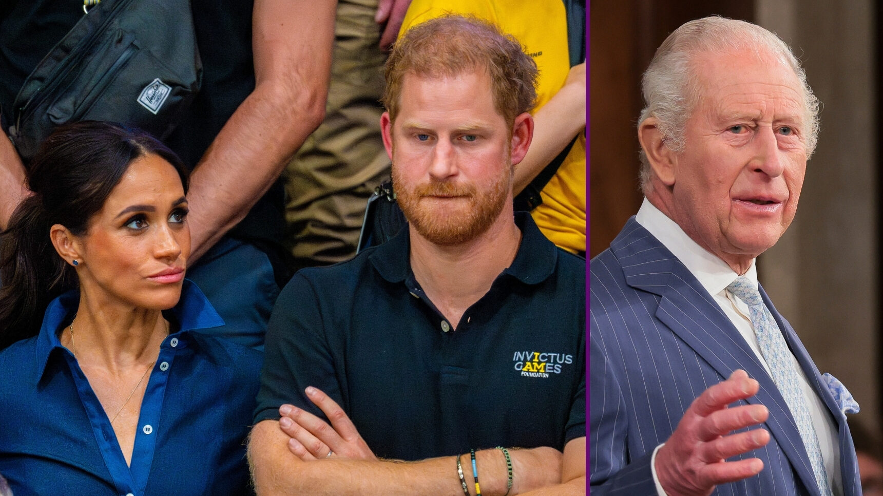 RI composite of Meghan and Harry at the Invictus Games and King Charles speaking in navy suit