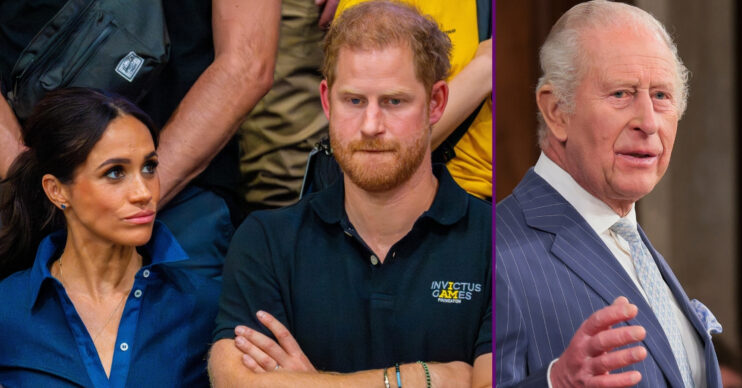 RI composite of Meghan and Harry at the Invictus Games and King Charles speaking in navy suit