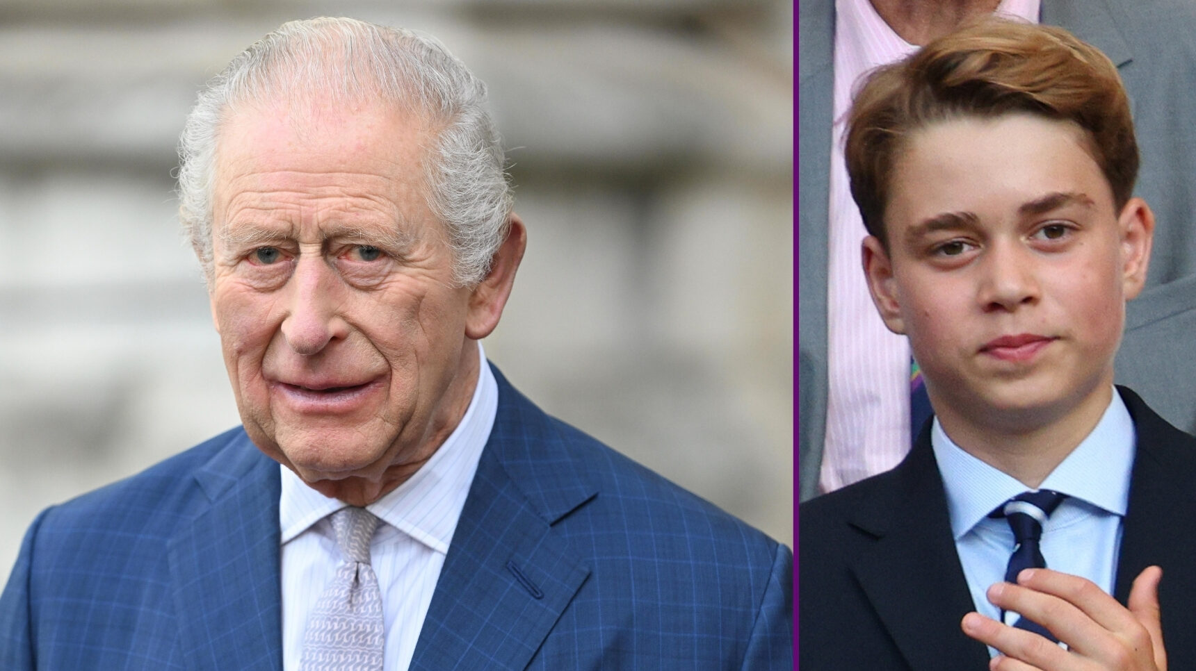 RI composite of King Charles in blue suit and Prince George clapping at Wimbledon
