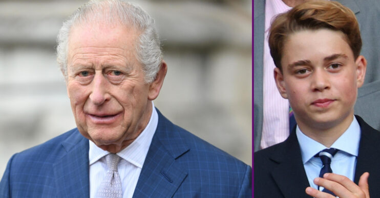 RI composite of King Charles in blue suit and Prince George clapping at Wimbledon