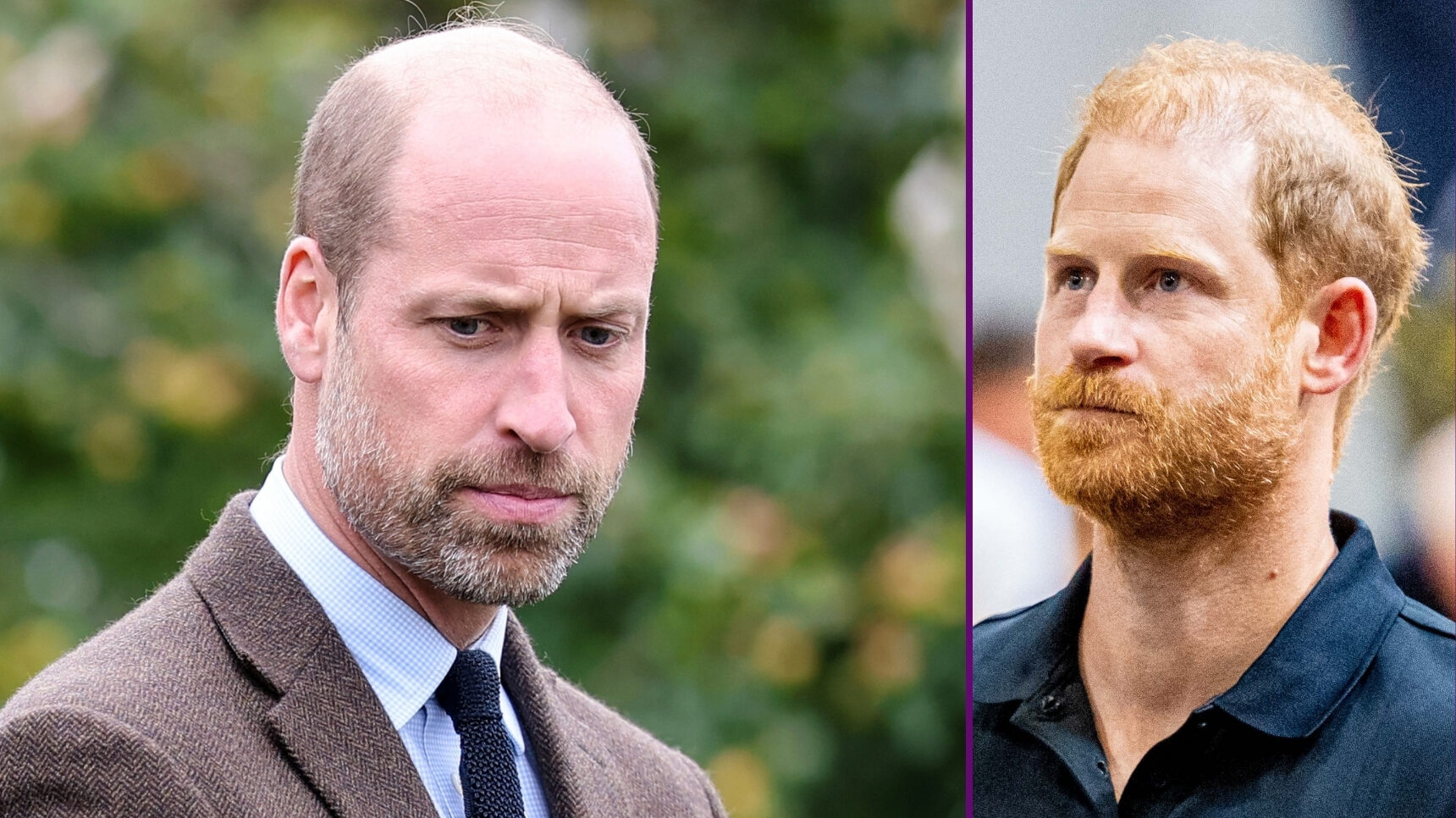 RI composite of Prince William looking down and Prince Harry at Invictus Games