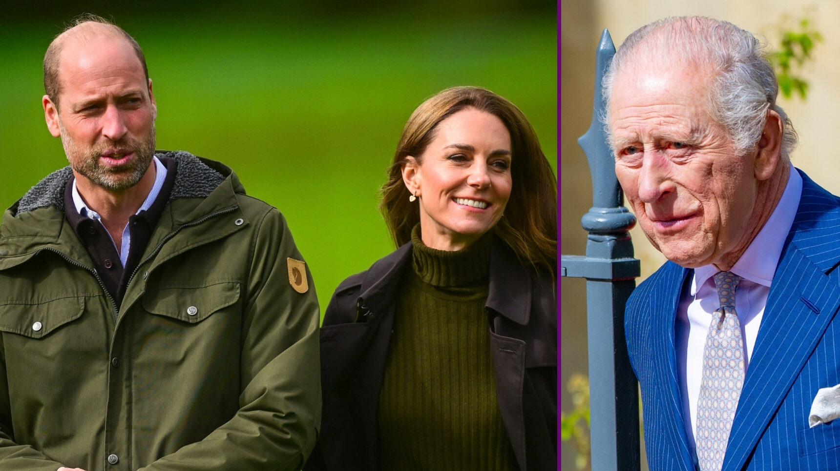 RI composite of William and Kate smiling in Scotland and King Charles in blue suit