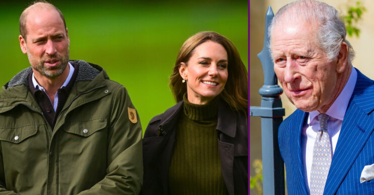 RI composite of William and Kate smiling in Scotland and King Charles in blue suit