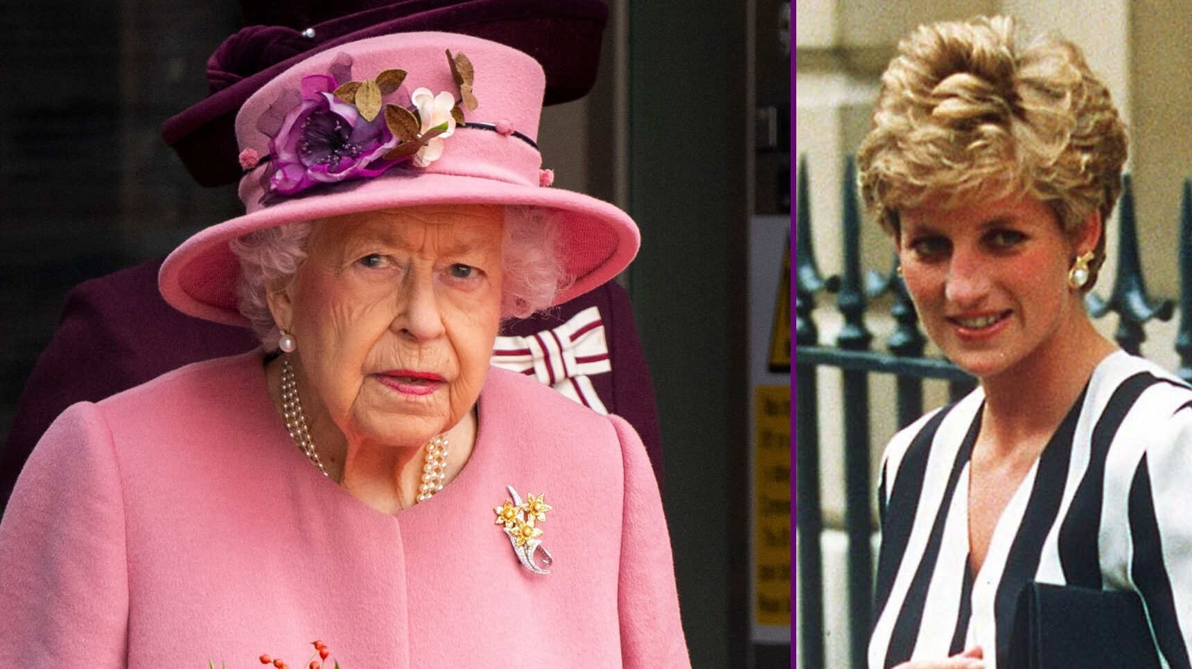 RI composite of Queen Elizabeth II in pink outfit and Princess Diana in striped look