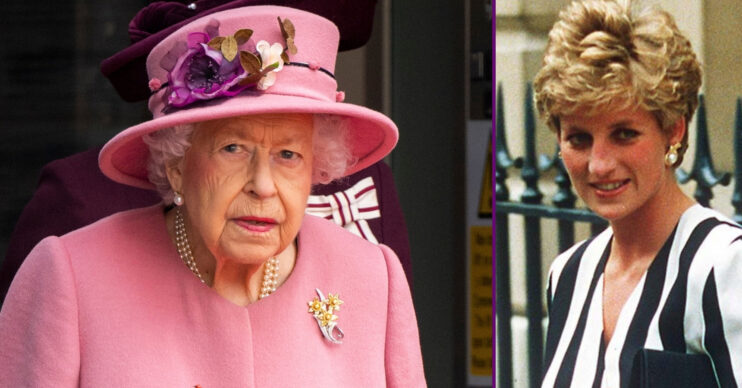RI composite of Queen Elizabeth II in pink outfit and Princess Diana in striped look