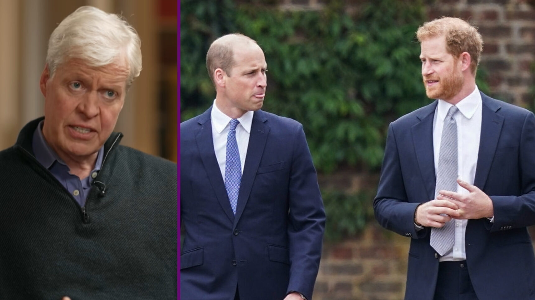RI composite of Earl Spencer talking and Prince William and Harry looking at each other