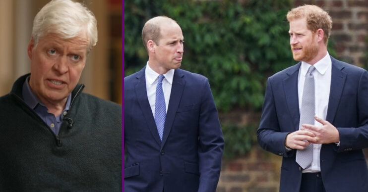 RI composite of Earl Spencer talking and Prince William and Harry looking at each other