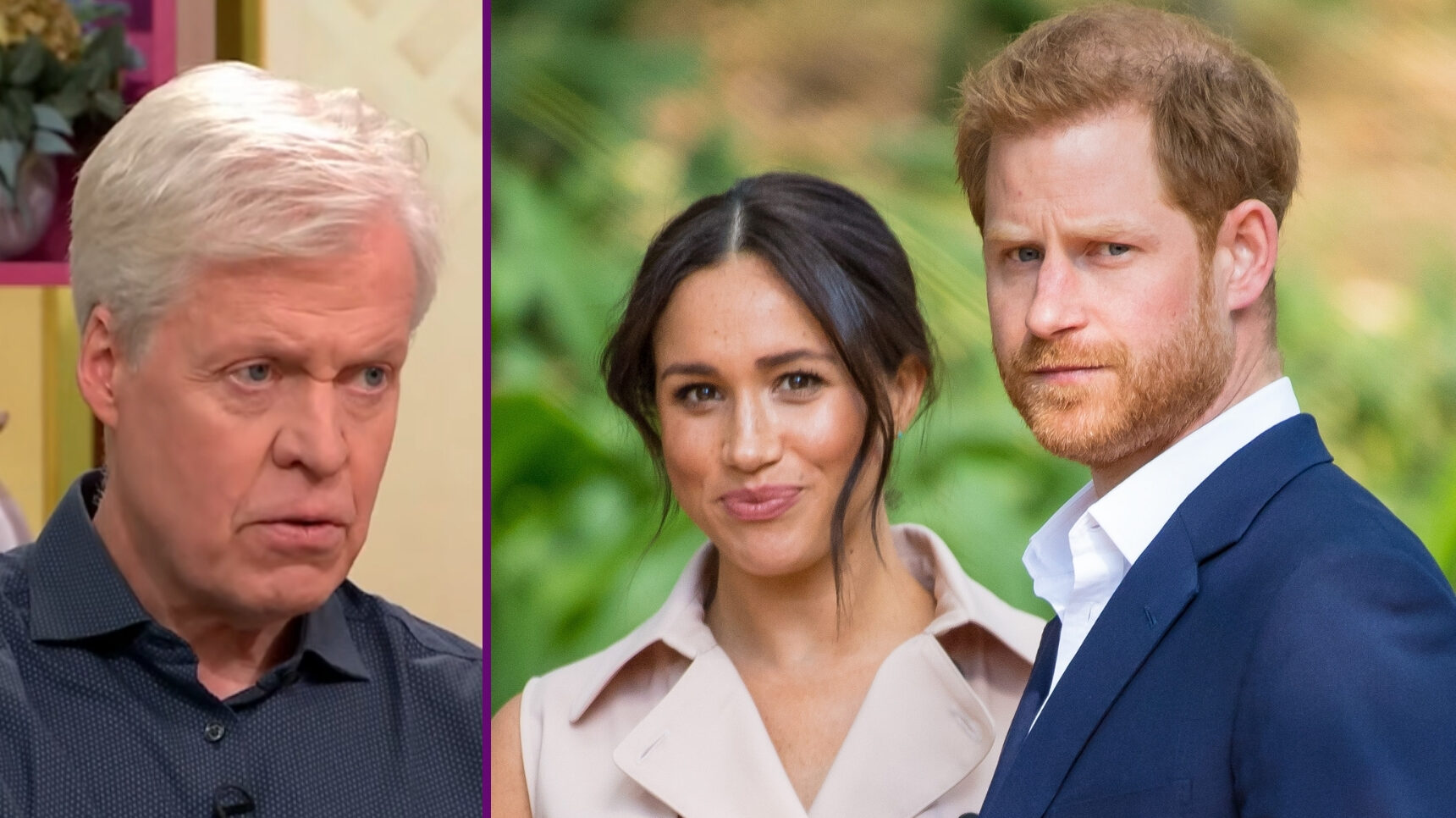 RI composite of Earl Spencer on Lorraine and Meghan and Harry looking at camera
