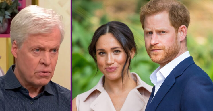RI composite of Earl Spencer on Lorraine and Meghan and Harry looking at camera