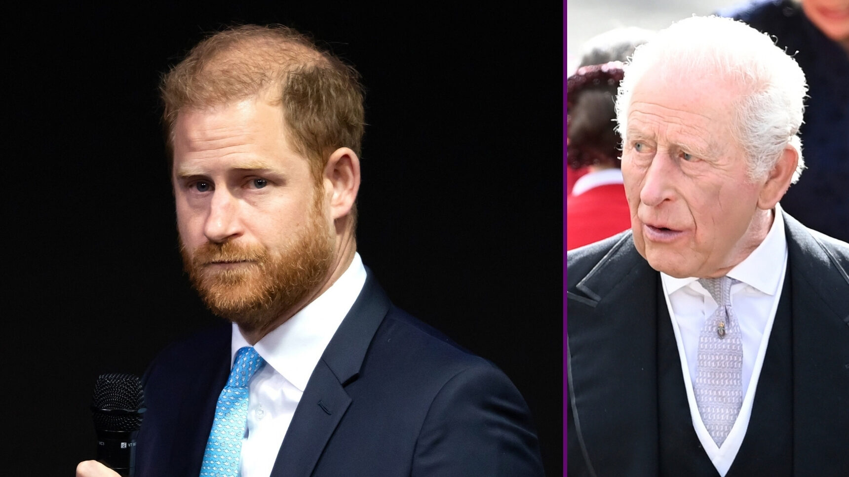 RI composite of Prince Harry during US speech and King Charles looking to the side