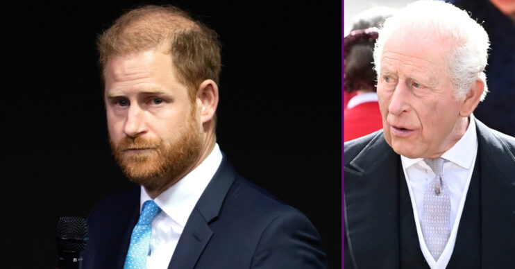 RI composite of Prince Harry during US speech and King Charles looking to the side