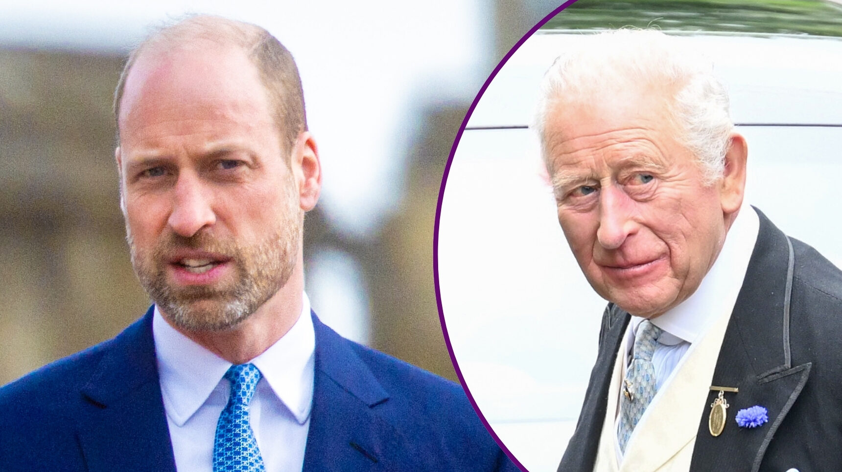 RI composite of Prince William in blue suit and King Charles in black suit