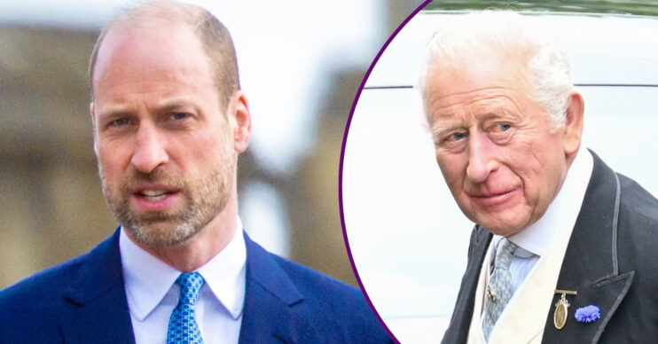 RI composite of Prince William in blue suit and King Charles in black suit