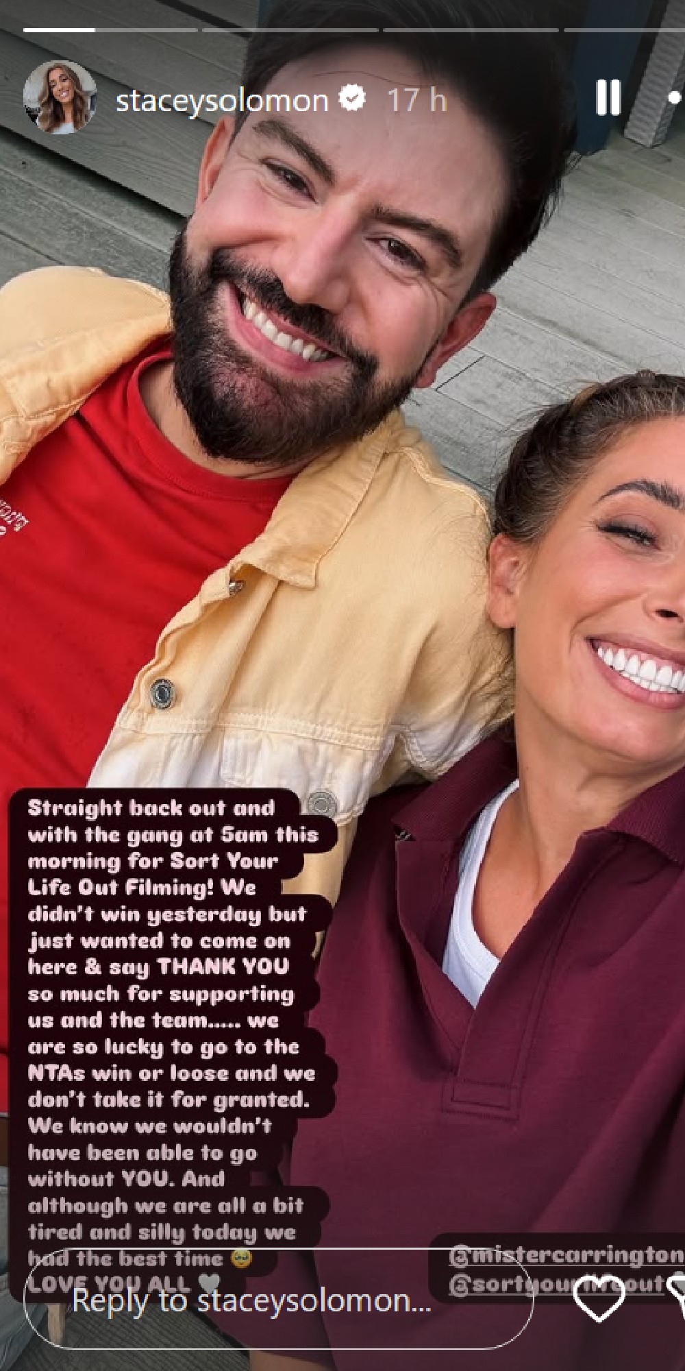 Stacey Solomon smiling on Instagram