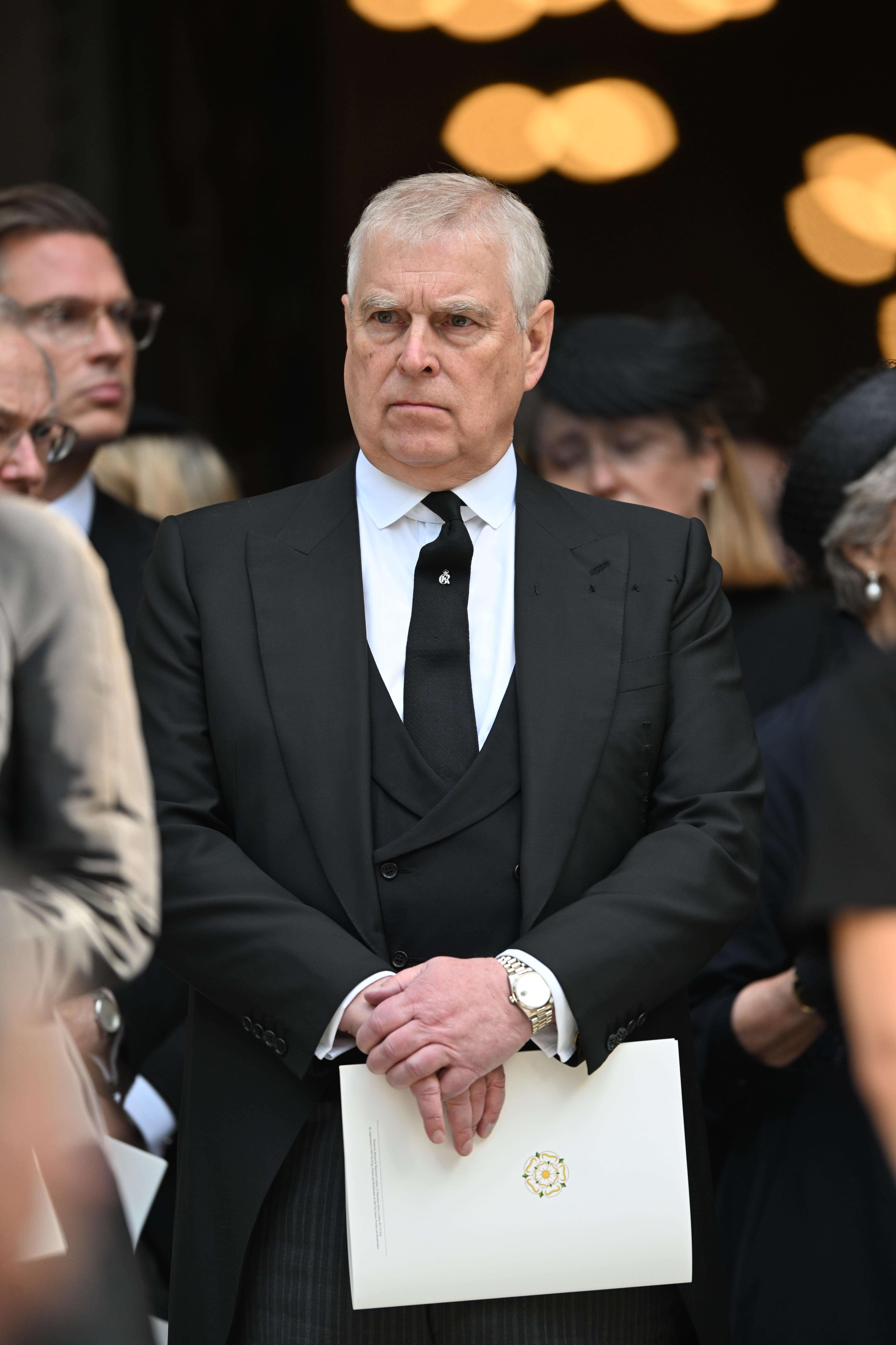 Andrew Mountbatten-Windsor in suit at Duchess of Kent's funeral