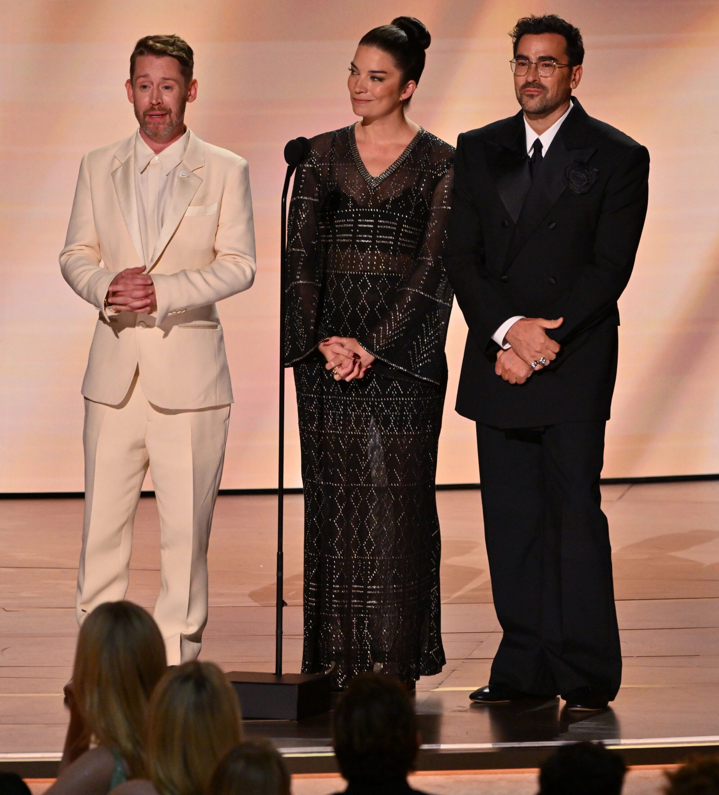 Macaulay Culkin, Annie Murphy and Dan Levy during a tribute to Catherine O'Hara at Emmys