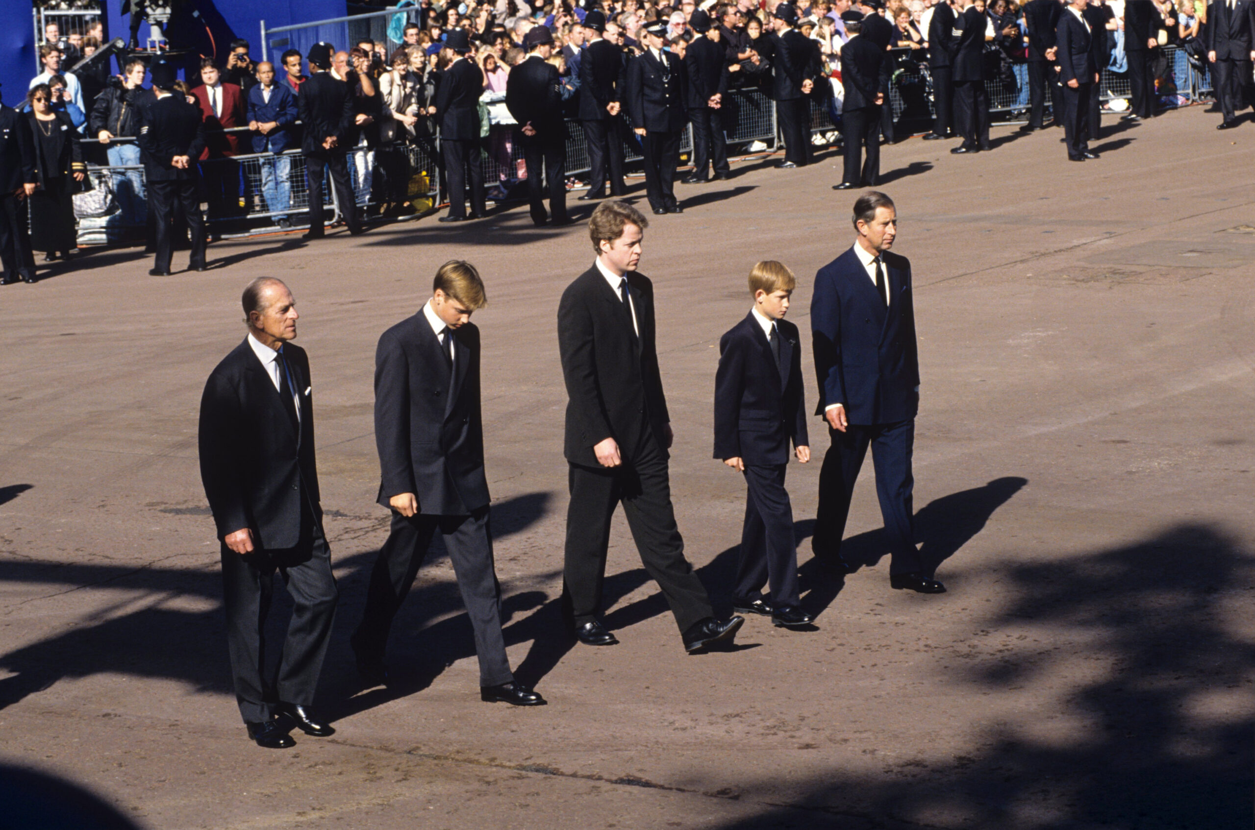 Prince Philip, William, Earl Spencer, Harry and Prince Charles walking behind Princess Diana's coffin