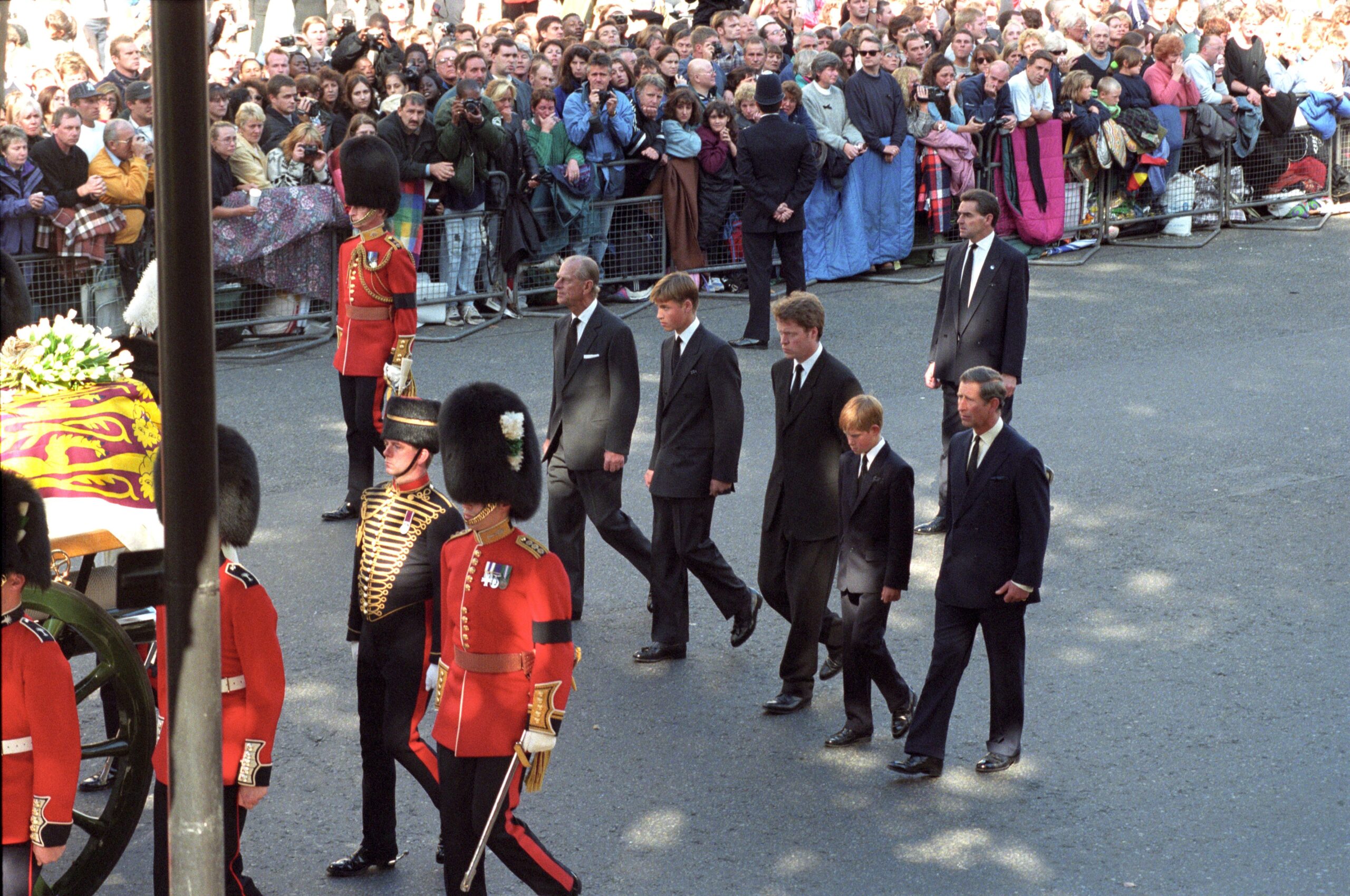 Prince Philip, William, Earl Spencer, Harry and Prince Charles walking behind Princess Diana's coffin