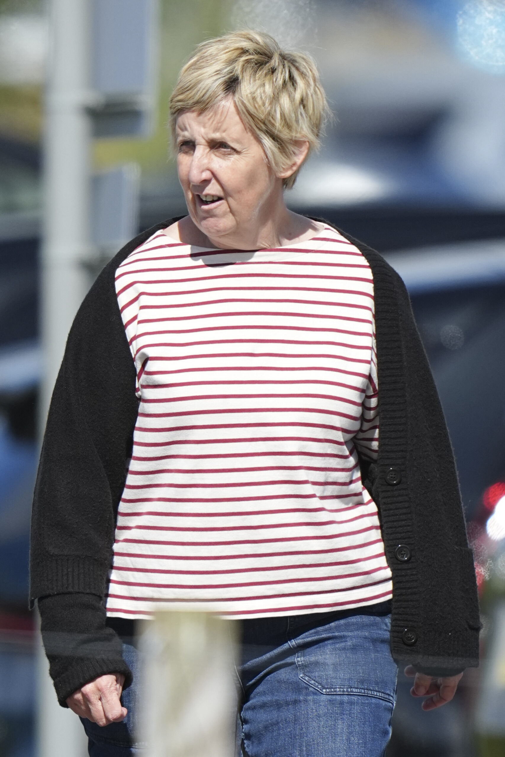 Julie Hesmondhalgh in striped t-shirt filming for Celebrity Traitors