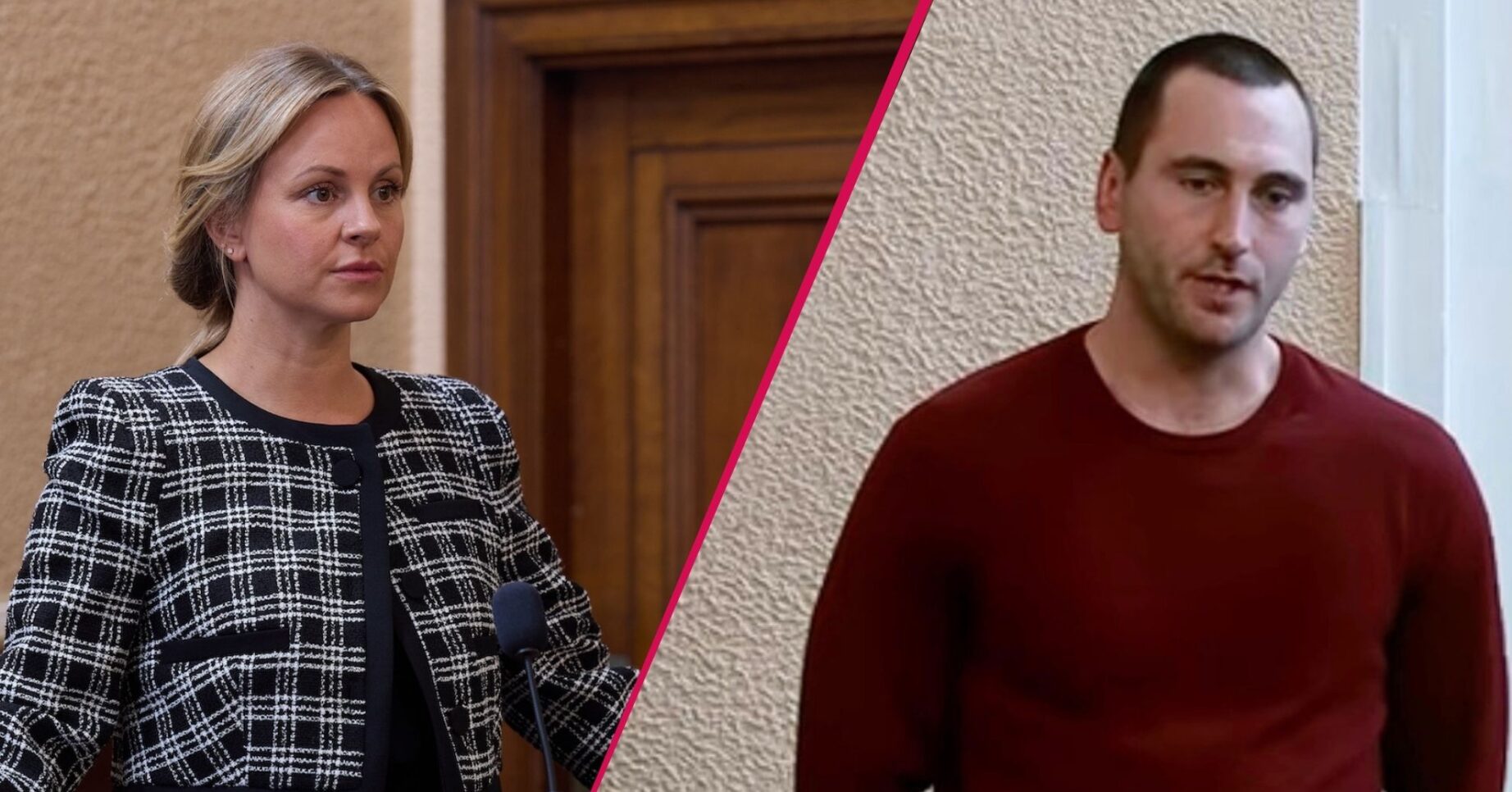 Corrie split pic: Sarah / Kit at the trial