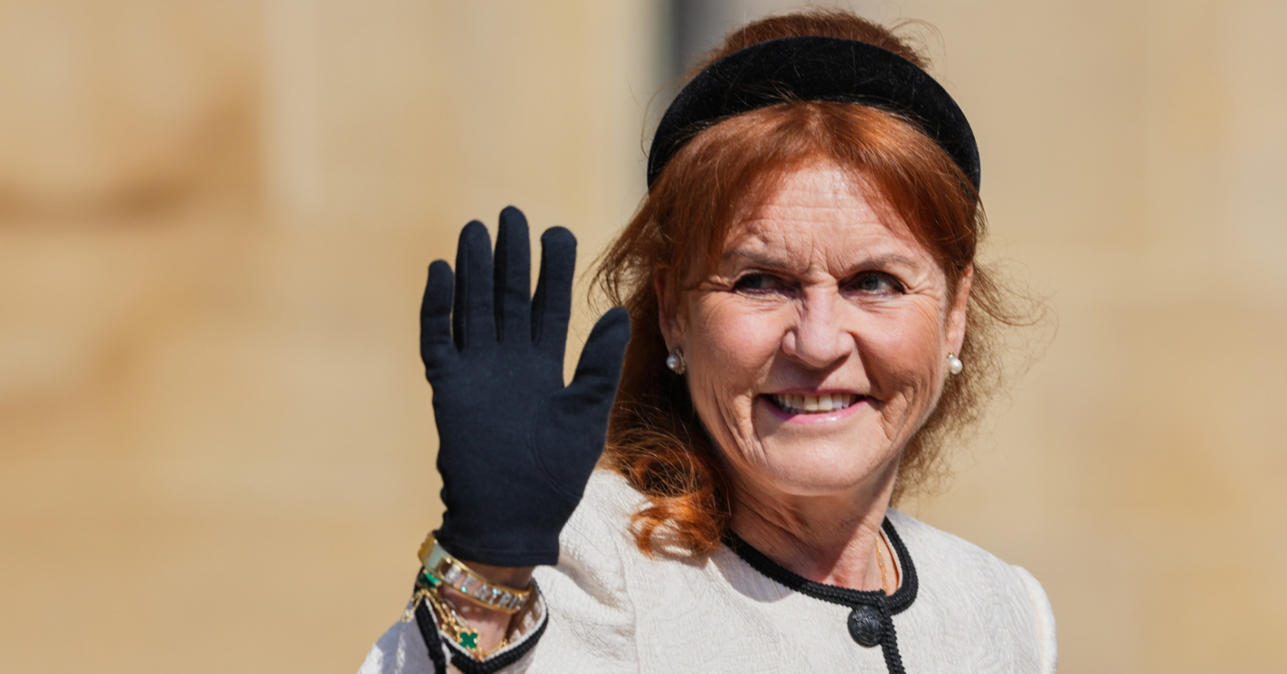 Sarah Ferguson waves to camera