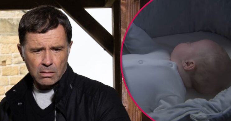 ED split pic: Graham concerned / baby Tate in Emmerdale