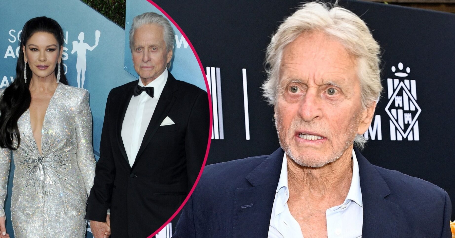 Caterine Zeta-Jones and Michael Douglas on the red carpet/Michael Douglas looking in front