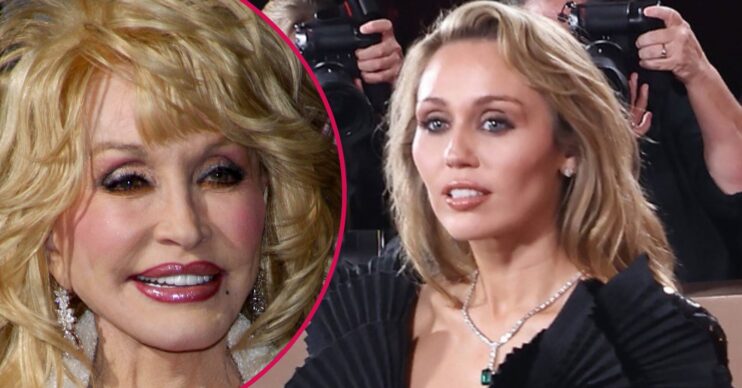 Dolly Parton smiling/Miley Cyrus on the red carpet