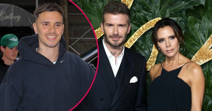 Romeo Beckham smiling/David and Victoria Beckham on the red carpet