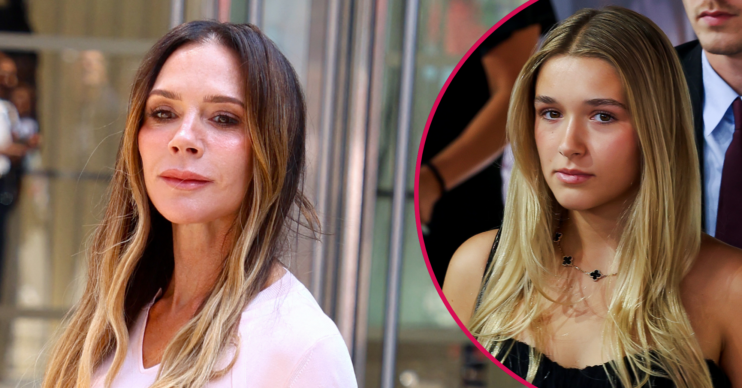 ED composite of Victoria Beckham posing and daughter Harper looking serious