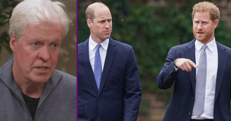 RI composite of Earl Spencer talking on podcast and William and Harry during engagement