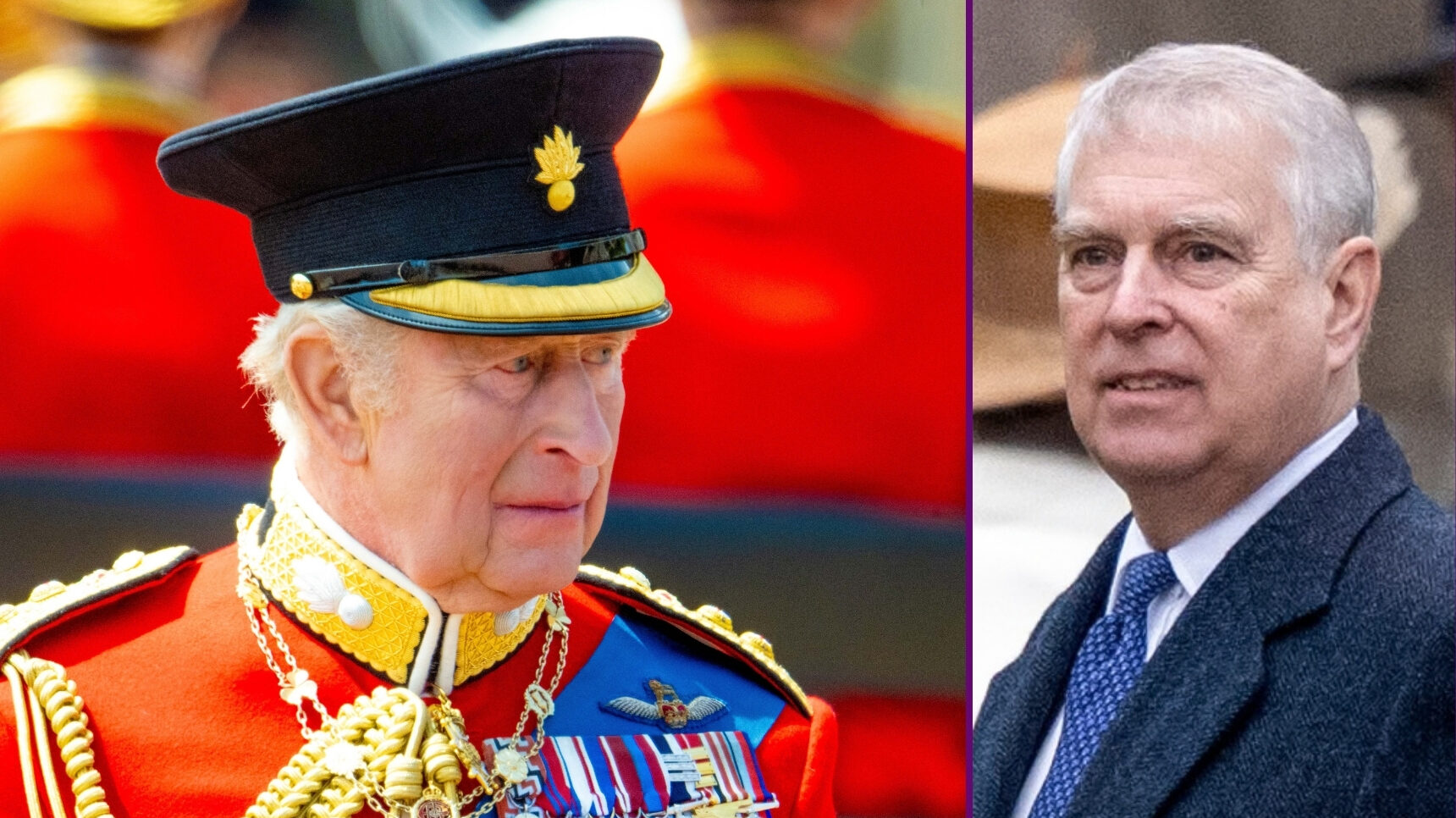 RI composite of King Charles at Trooping the Colour and Andrew Mountbatten-Windsor at service
