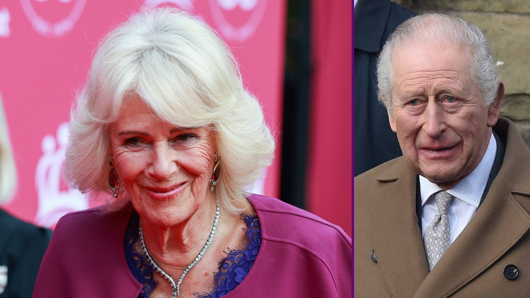 RI composite of Queen Camilla smiling and King Charles in beige coat