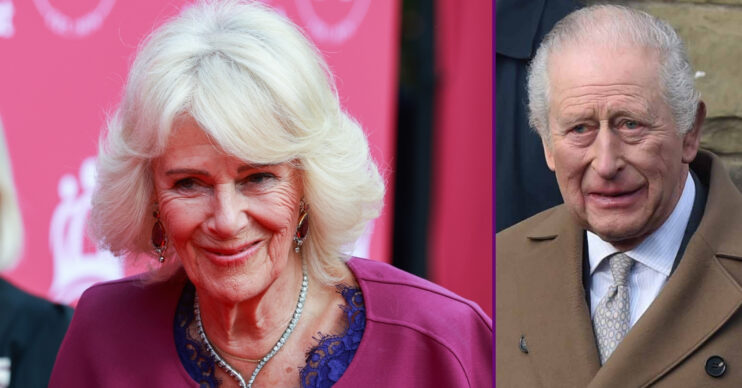 RI composite of Queen Camilla smiling and King Charles in beige coat