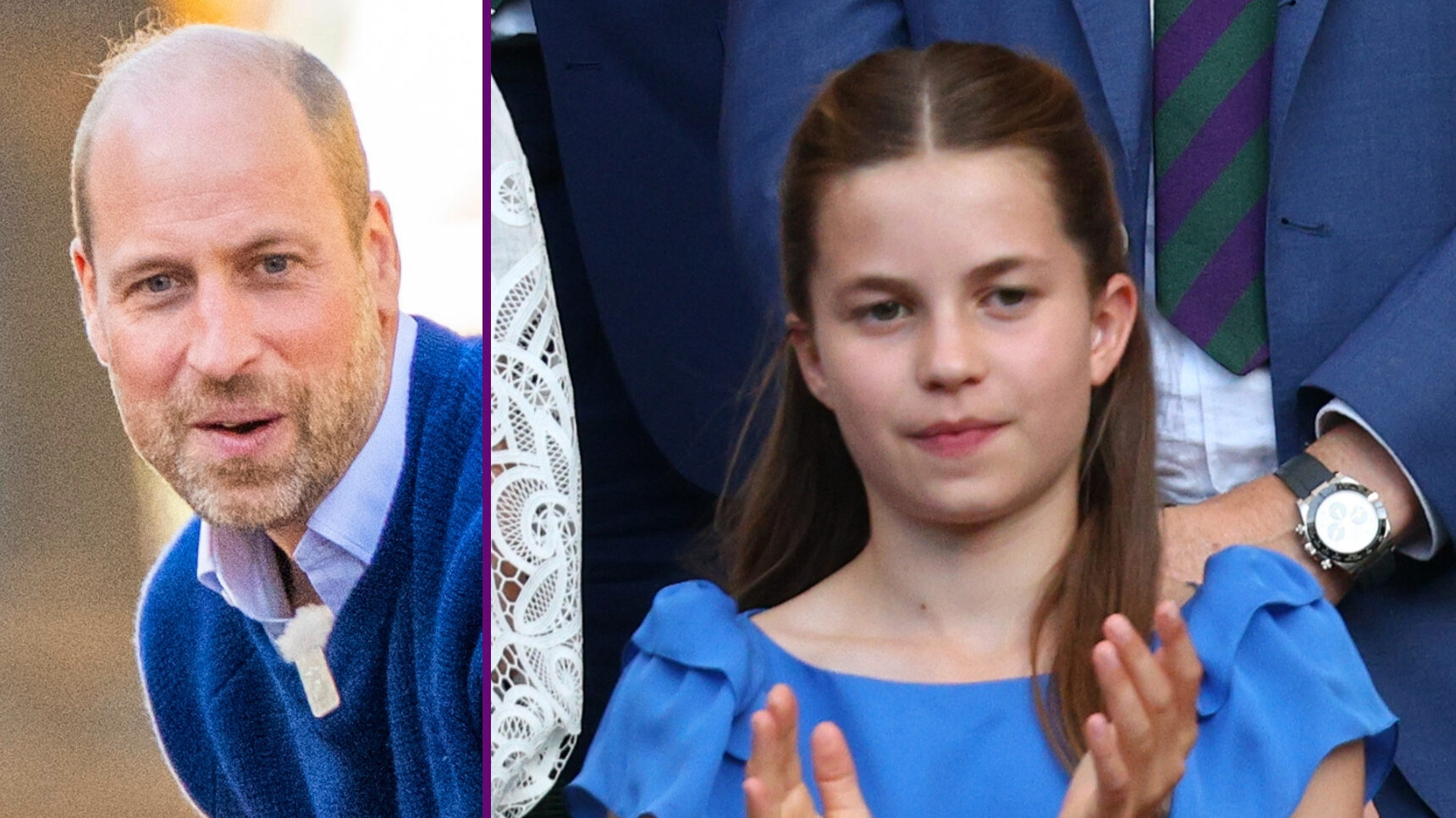 RI composite of Prince William playing cricket and Princess Charlotte clapping at Wimbledon