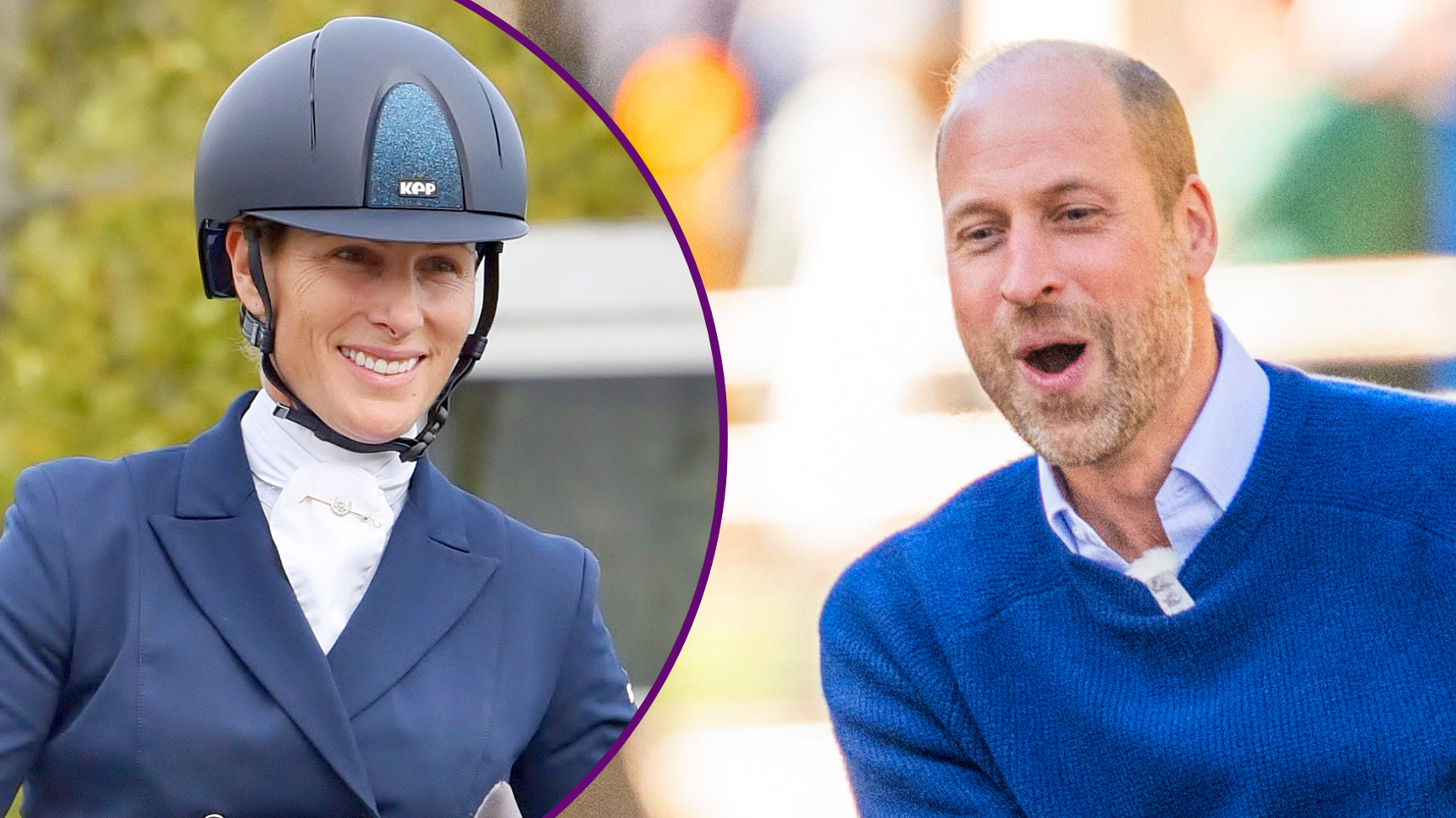 RI composite of Prince William shouting and Zara Tindall riding a horse
