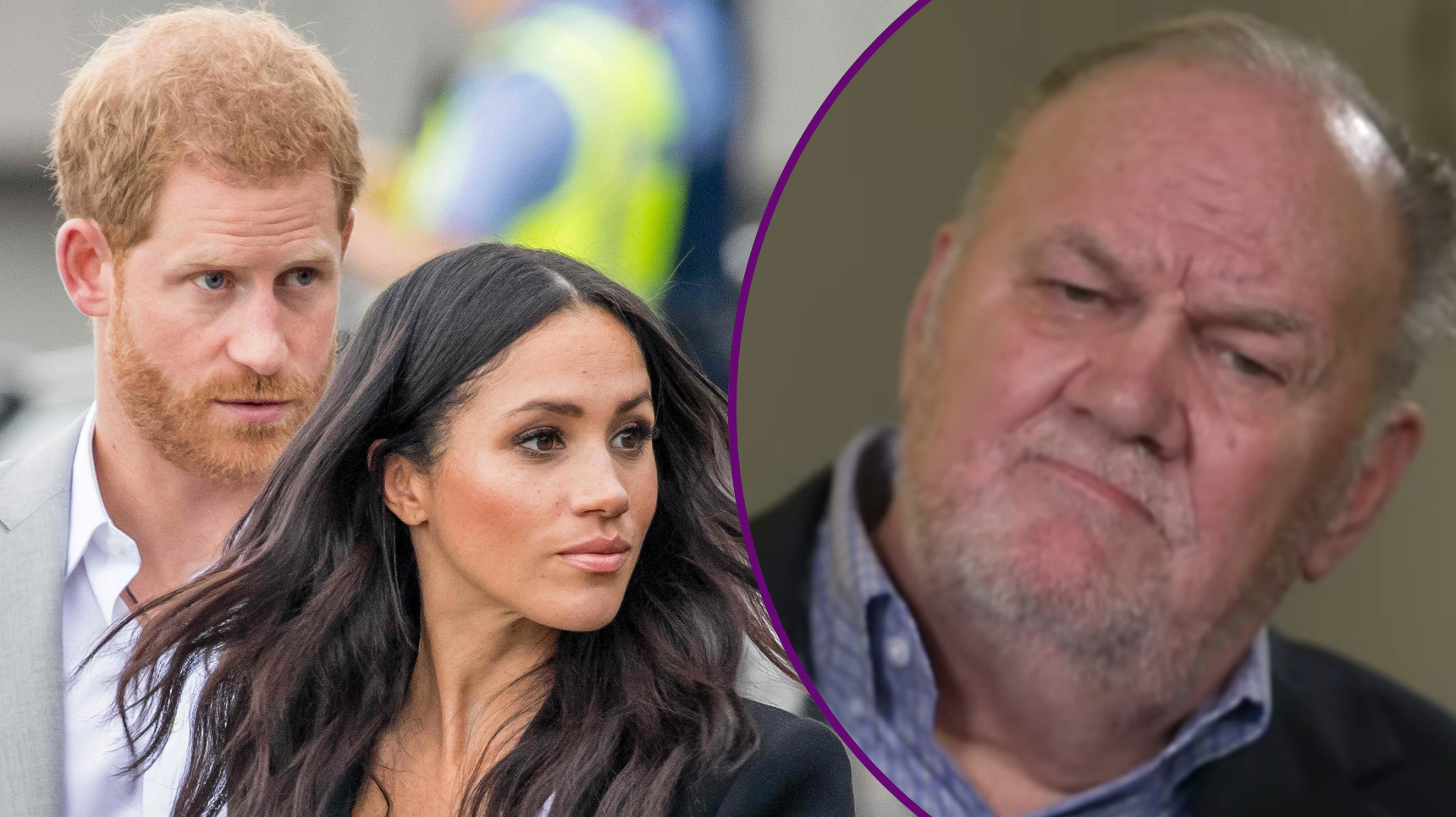RI composite of Prince Harry and Meghan Markle during engagement and Thomas Markle speaking on GMB