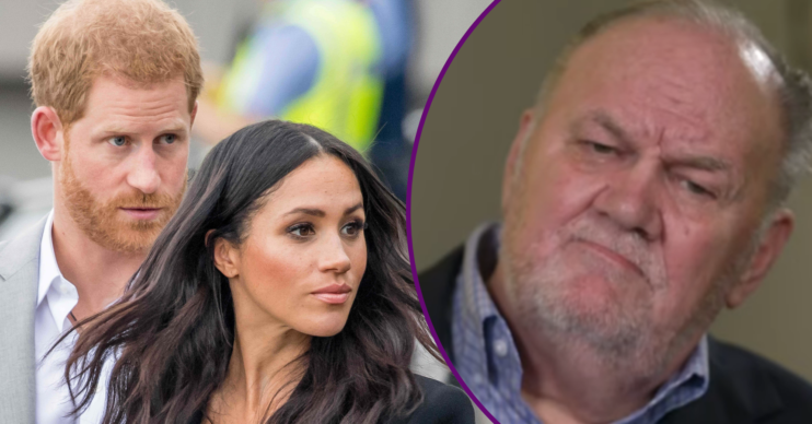 RI composite of Prince Harry and Meghan Markle during engagement and Thomas Markle speaking on GMB