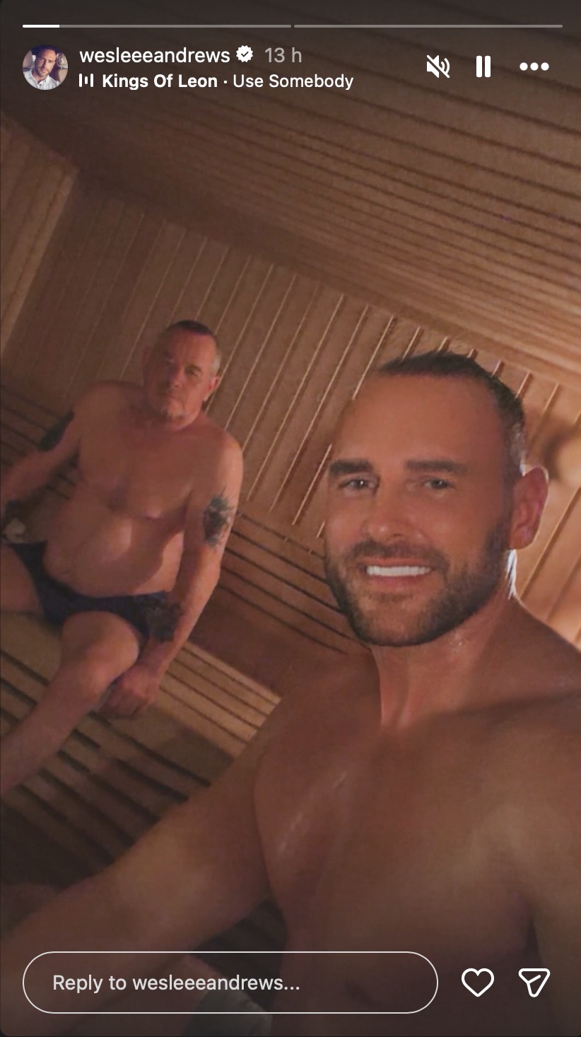 Lee Andrews and father in Sauna