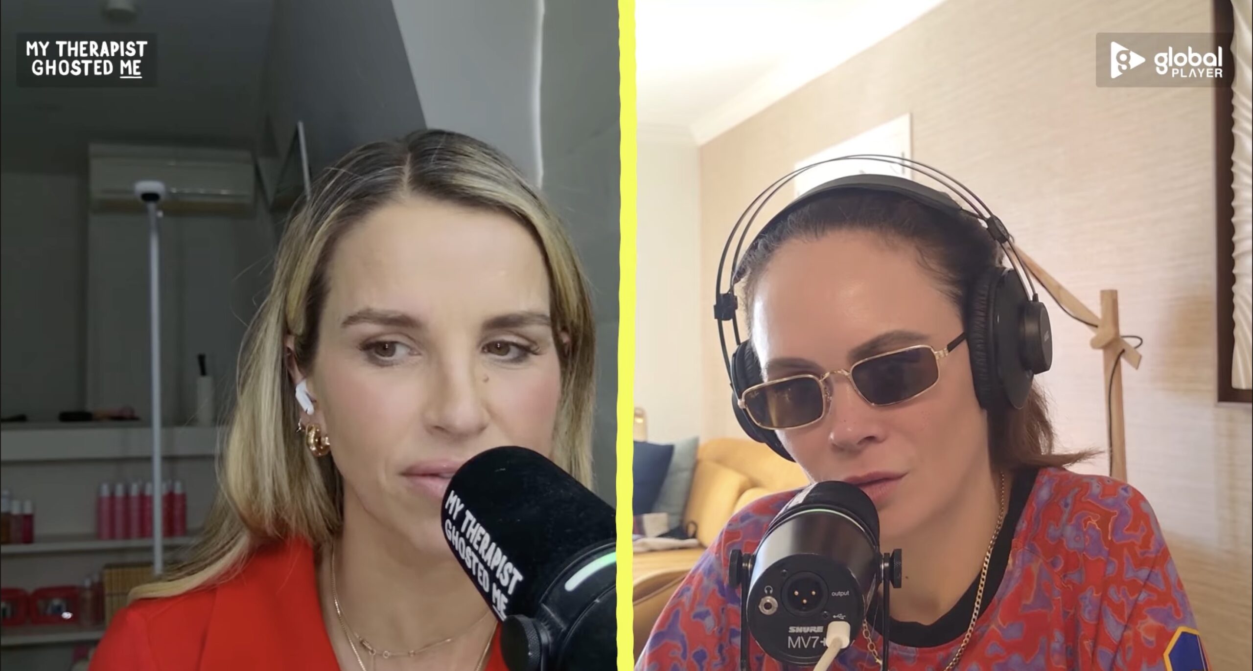 Vogue Williams and Joanne McNally talking on their podcast 