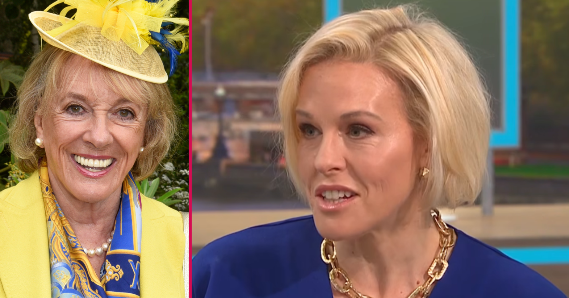 ED composite of Esther Rantzen smiling at Chelsea Flower Show and her daughter Rebecca on GMB