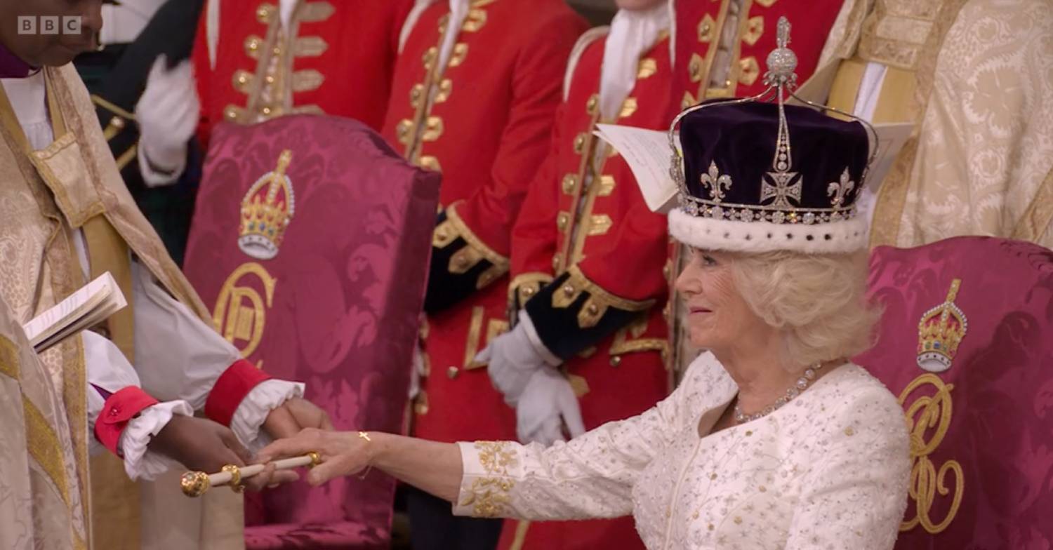 Queen Camilla smiles during the coronation
