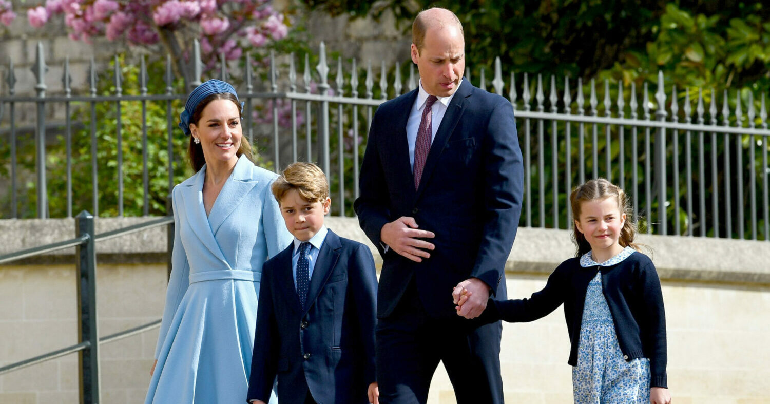 Prince George seen wearing a suit alongside sister Princess Charlotte and Prince and Princess of Wales