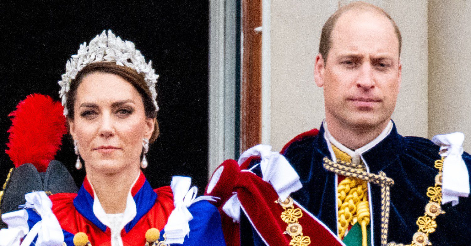 William, Prince of Wales and Kate Middleton squatting down looking at floral tributes 
